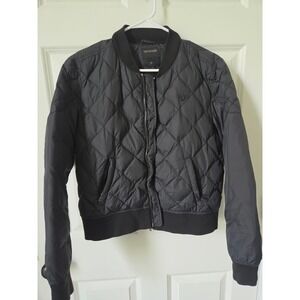 True Religion Womens Black Quilted Bomber Jacket Full Zip Horseshoe Logo Large